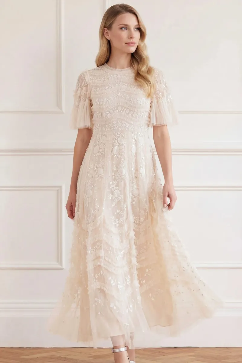 Gianna Ruffle Short Sleeve Ankle Gown by Needle & Thread, a-line wedding dress
