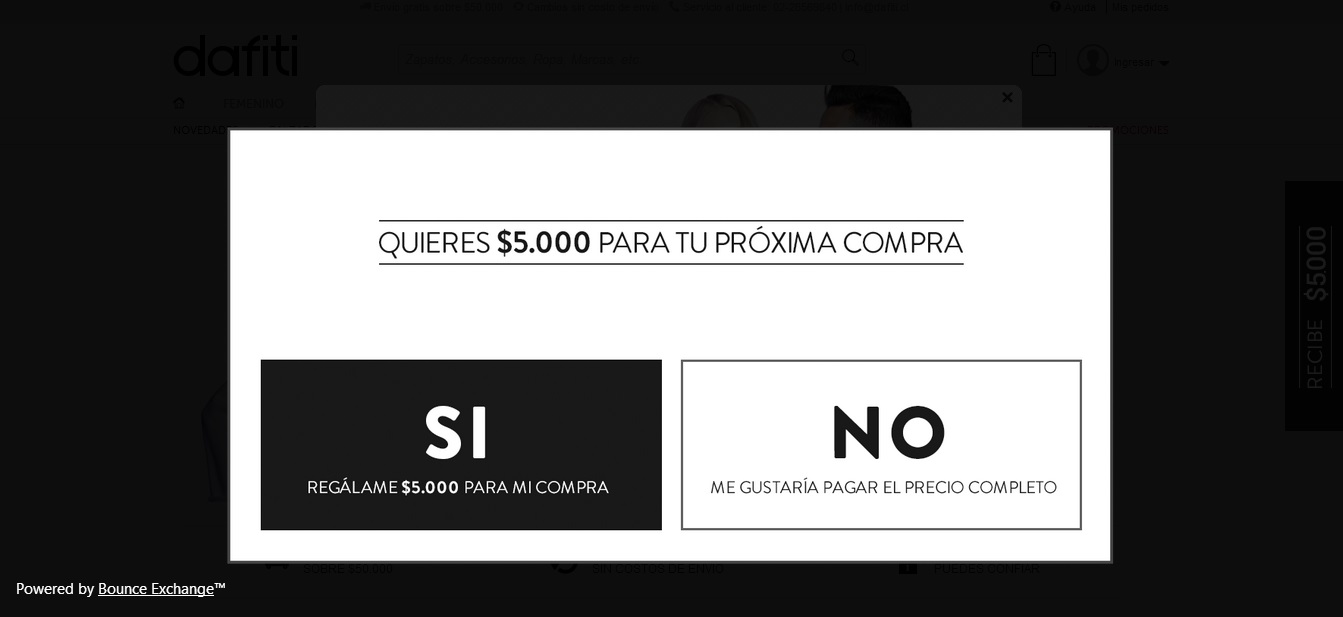 Exit intend pop up de Dafiti.cl