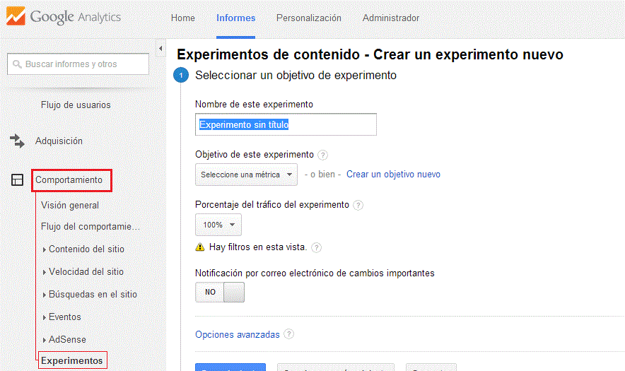 Experimentos en Google Analytics