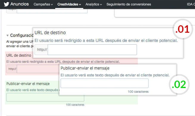 url de destino y mensaje tarjeta twitter