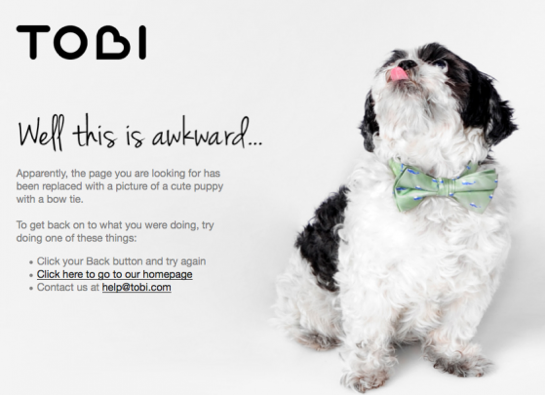 Un perrito aparece en el error 404 de Tobi