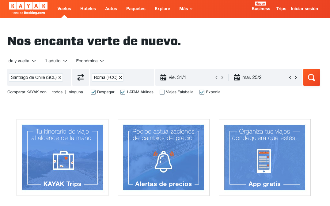 Ejemplo de unidad discreta en un sitio de viajes, imagen sacada del sitio de viajes Kayak
