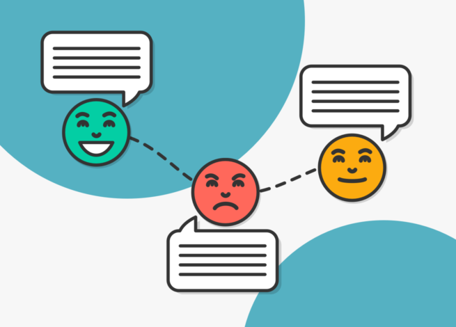 rostros que indican emociones con comentarios: feliz, enojado e indiferente