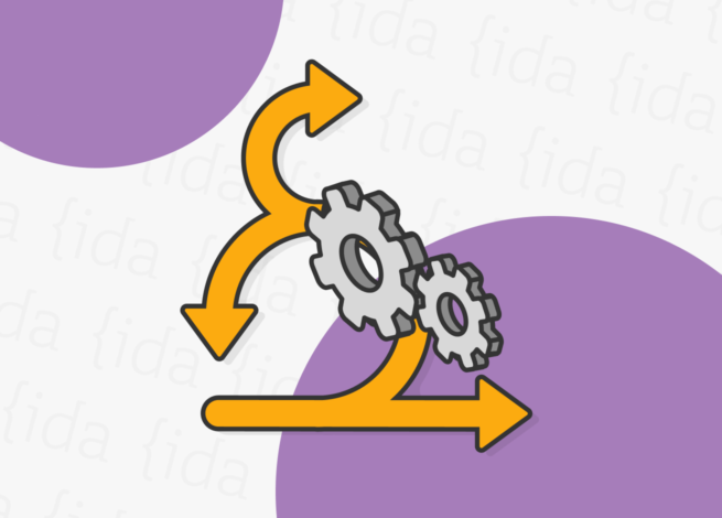 Flechas que indican diversas direcciones y dos engranajes delante de estas, lo que refleja la agilidad como metodología.