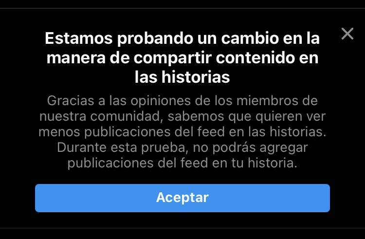 Aviso de Instagram donde notifican que no se podrán subir contenidos del feed en las historias