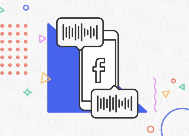 icono de Facebook en un celular con iconos a su alrededor que hacen referencia a los audios.