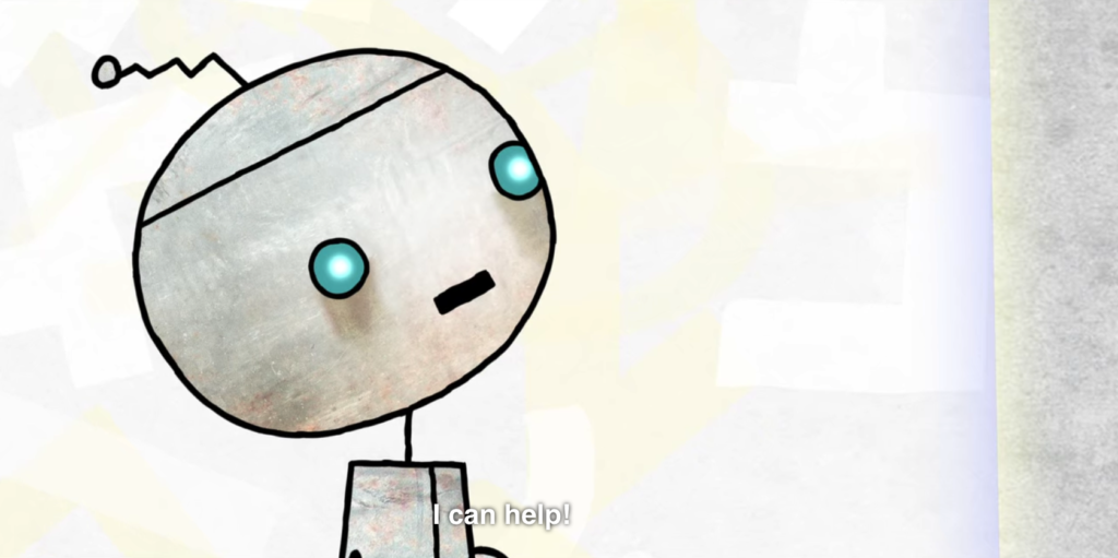 Imagen de un robot con un texto que dice "I can help!"
