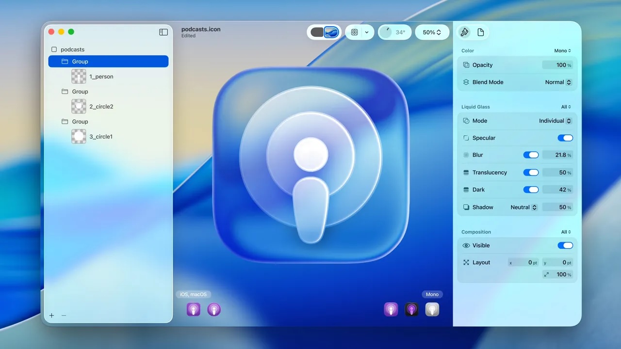 La herramienta Icon Composer para desarrolladores les permite crear iconos con la estética de Liquid Glass que mantienen la coherencia en varias plataformas y temas. Fuente: Wired
