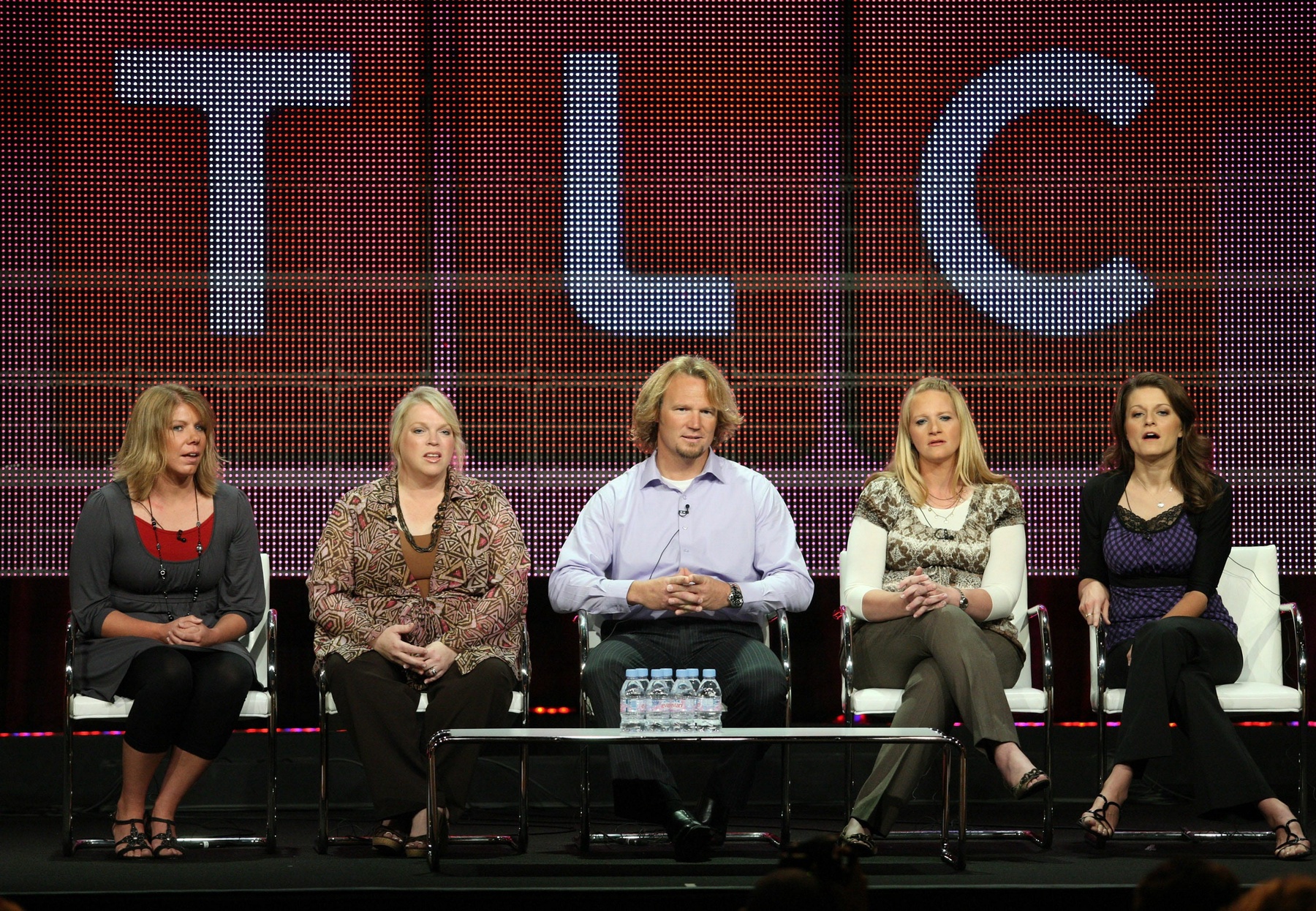 TV personalities Meri Brown, from left, Janelle Brown, Kody Brown, Christine Brown and Robyn Brown speak during the 