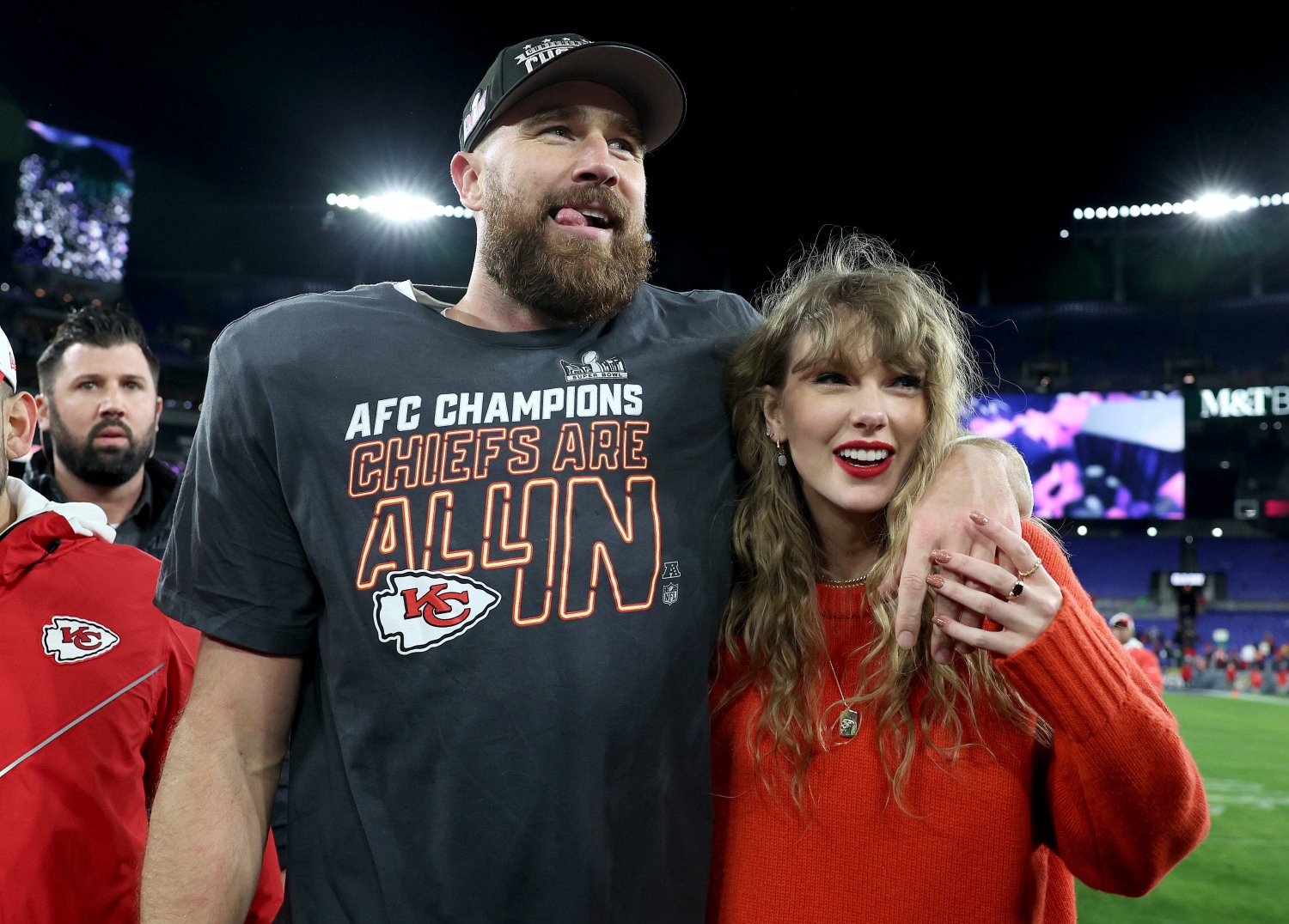 Travis Kelce and Taylor Swift after the Chiefs beat the Baltimore Ravens in the AFC Championship Game at M&T Bank Stadium on Jan. 28, 2024 in Baltimore, Maryland. 