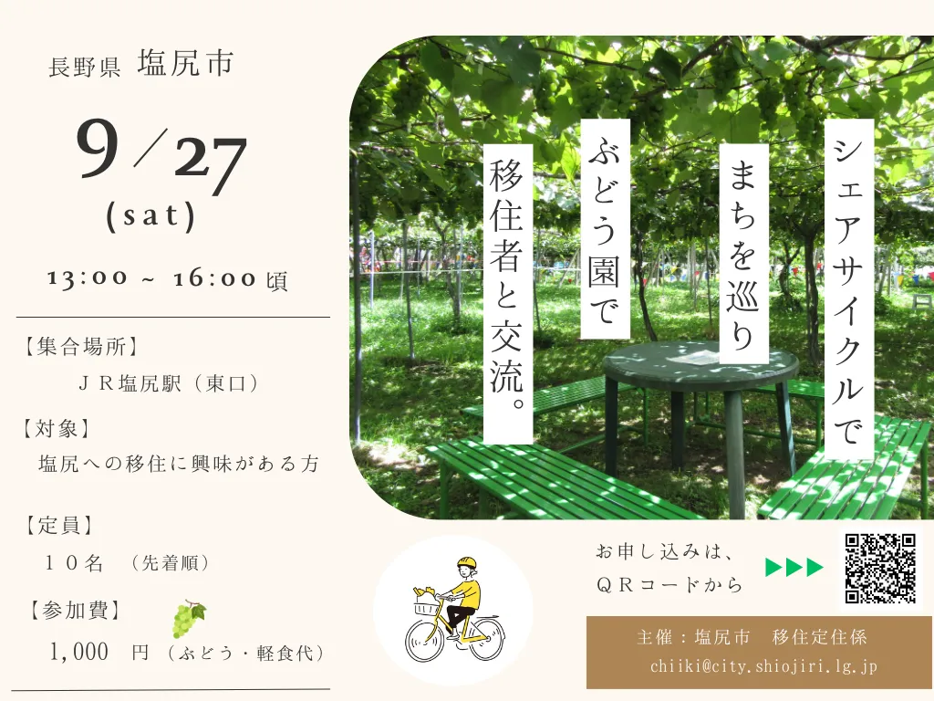 シェアサイクルでまちを巡り、ぶどう園で移住者と交流。