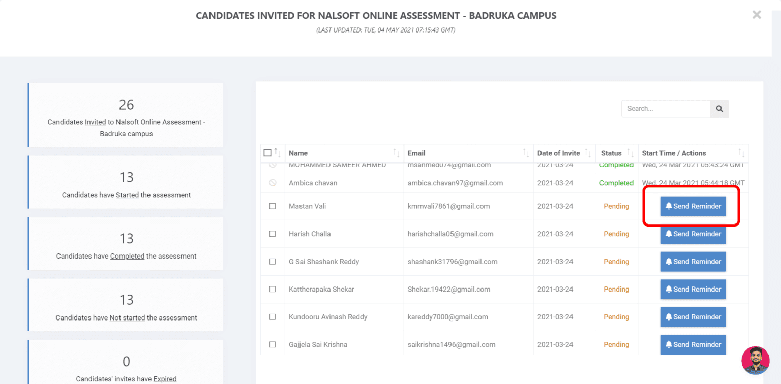 how to send candidates who haven't completed a test reminder message