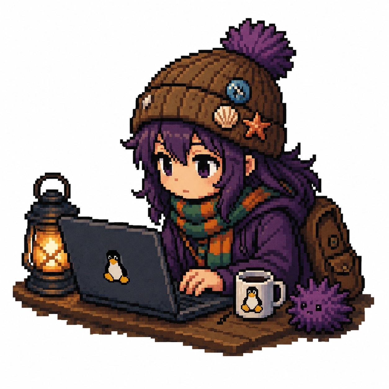 ウニの帽子をかぶり、ランタンのそばでノートPCを操作するキャラクター