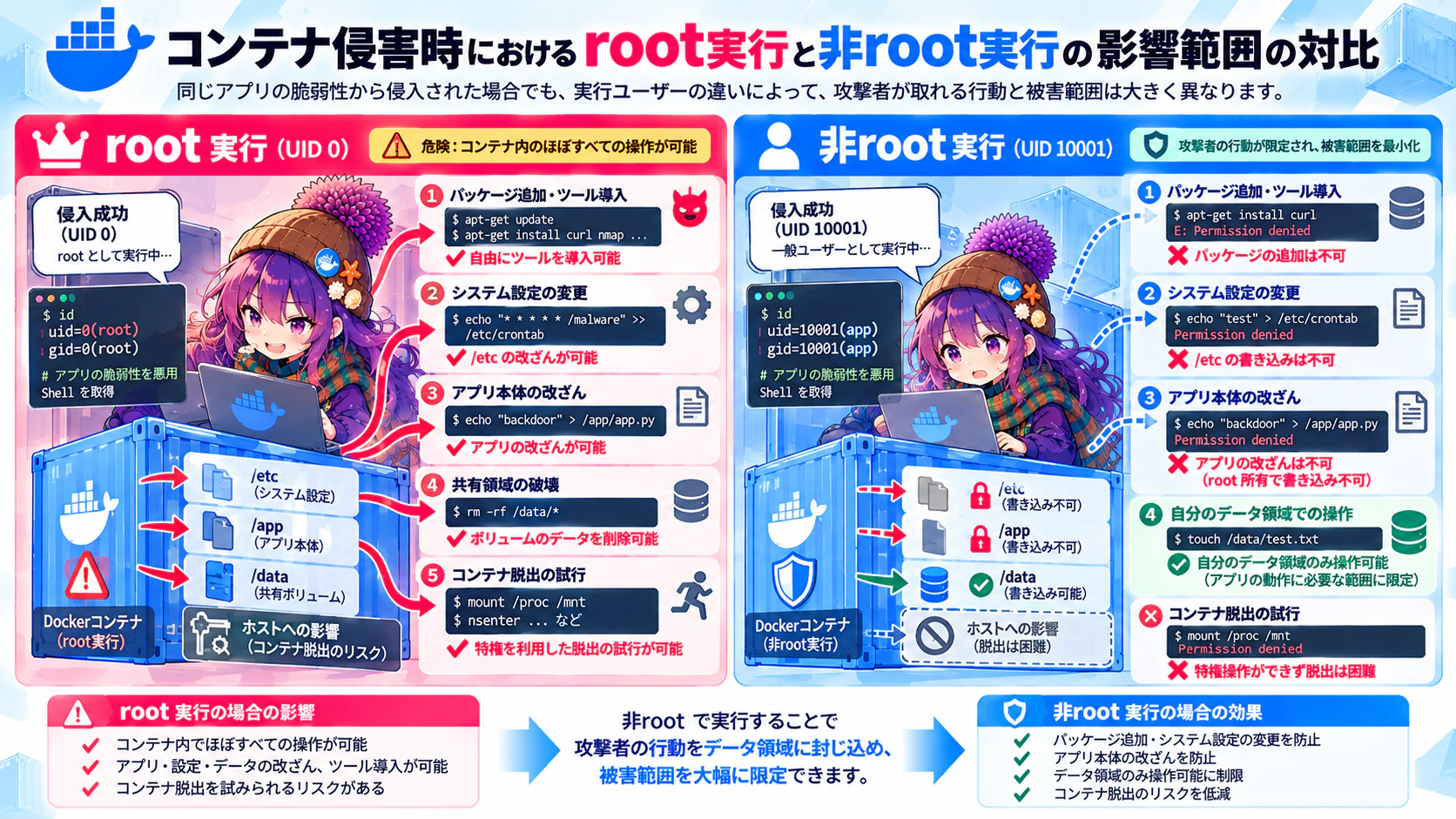 コンテナ侵害時におけるroot実行と非root実行の影響範囲の対比