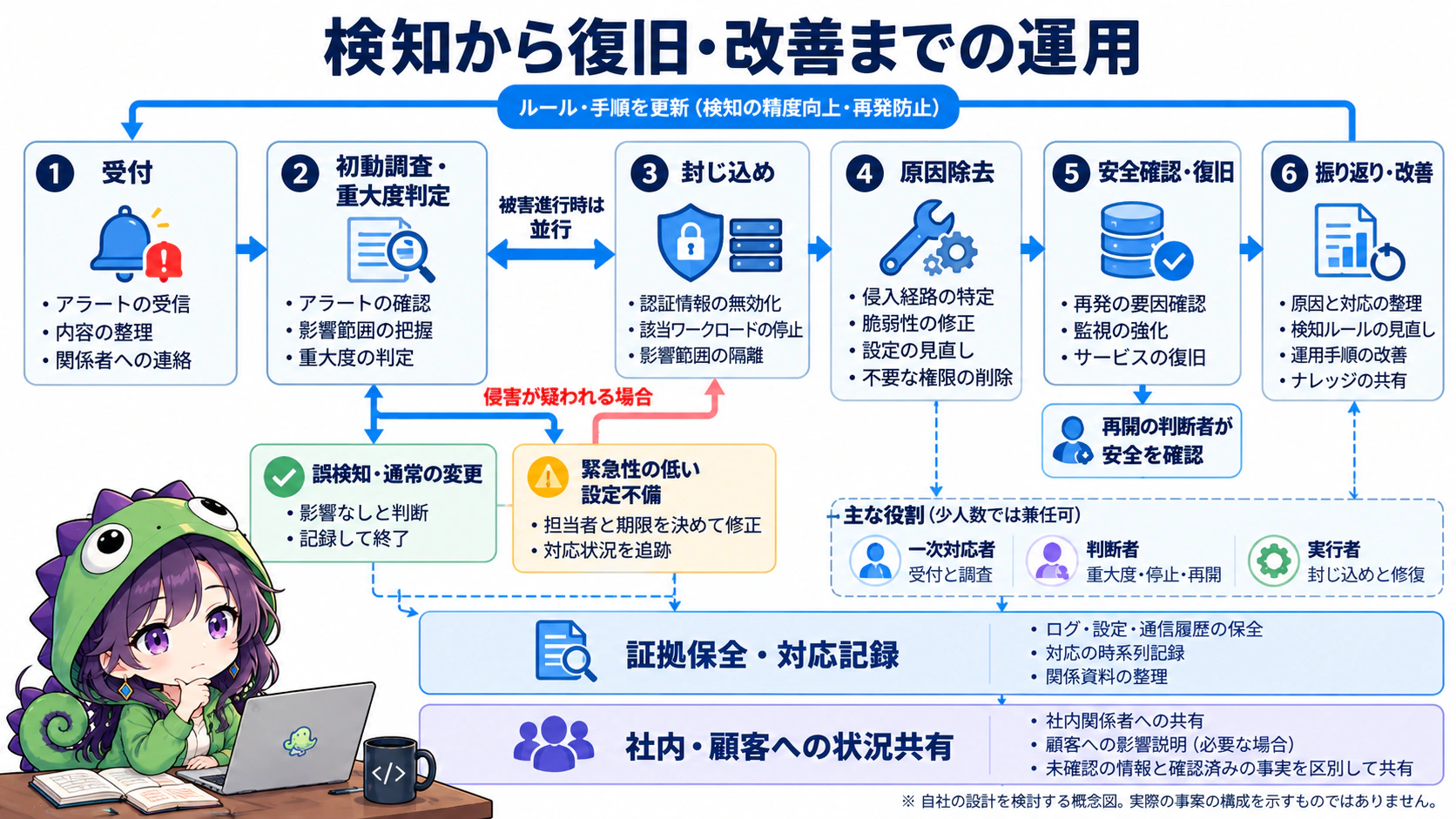 受付から調査、封じ込め、原因除去、復旧、改善までの流れと、判断・実行の役割、証拠保全、状況共有を示した対応フロー