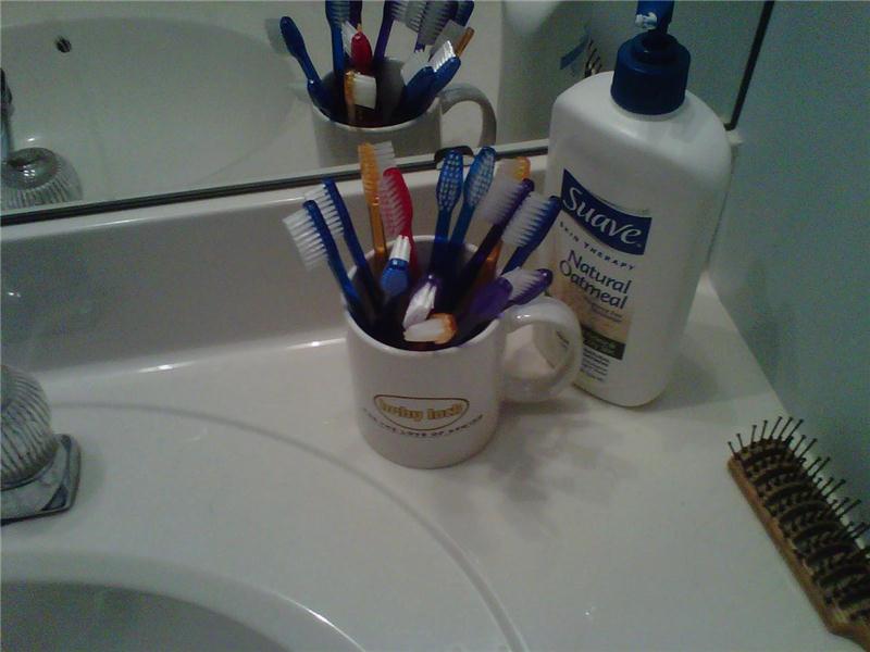 Most Toothbrushes On Bathroom Counter