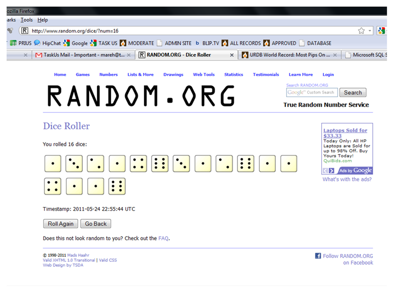 Lowest Pip Total On 16 Virtually-Rolled Dice