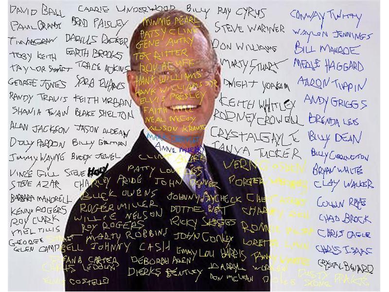 Most Country Music Artists\' Names Painted Over An Image Of David Letterman