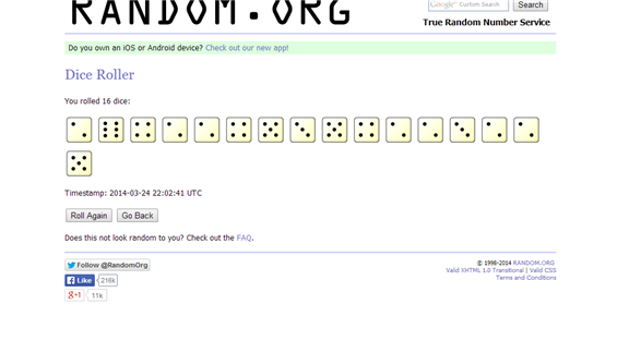 Most Dice With Two Pips on 16 Virtually Rolled Dice