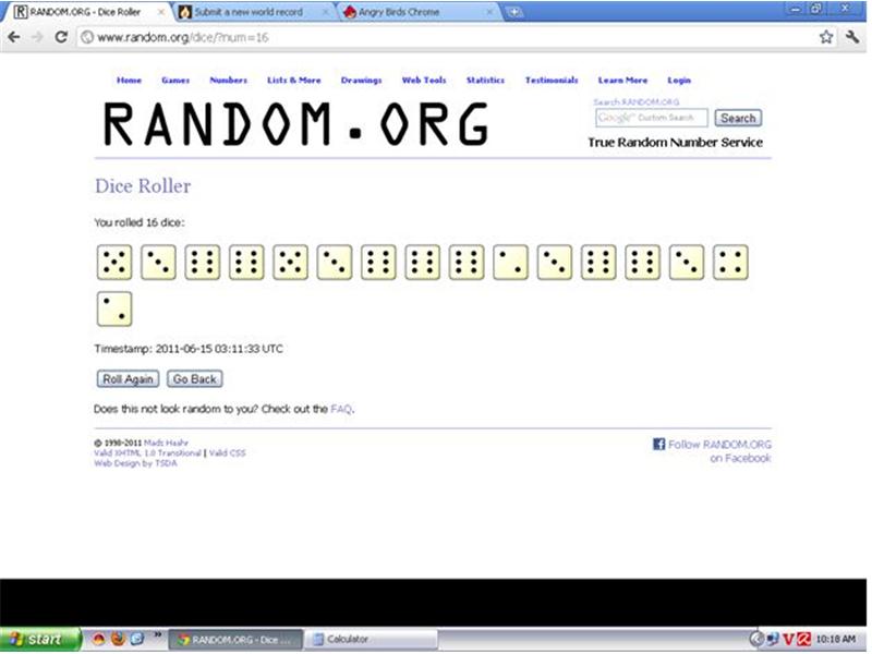 Most Dice With Six Pips On 16 Virtually-Rolled Dice