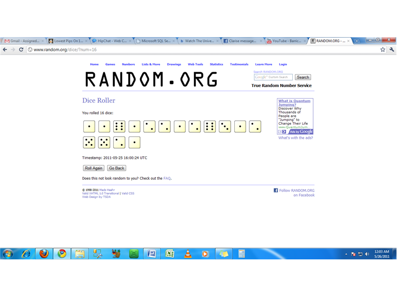 Lowest Pip Total On 16 Virtually-Rolled Dice