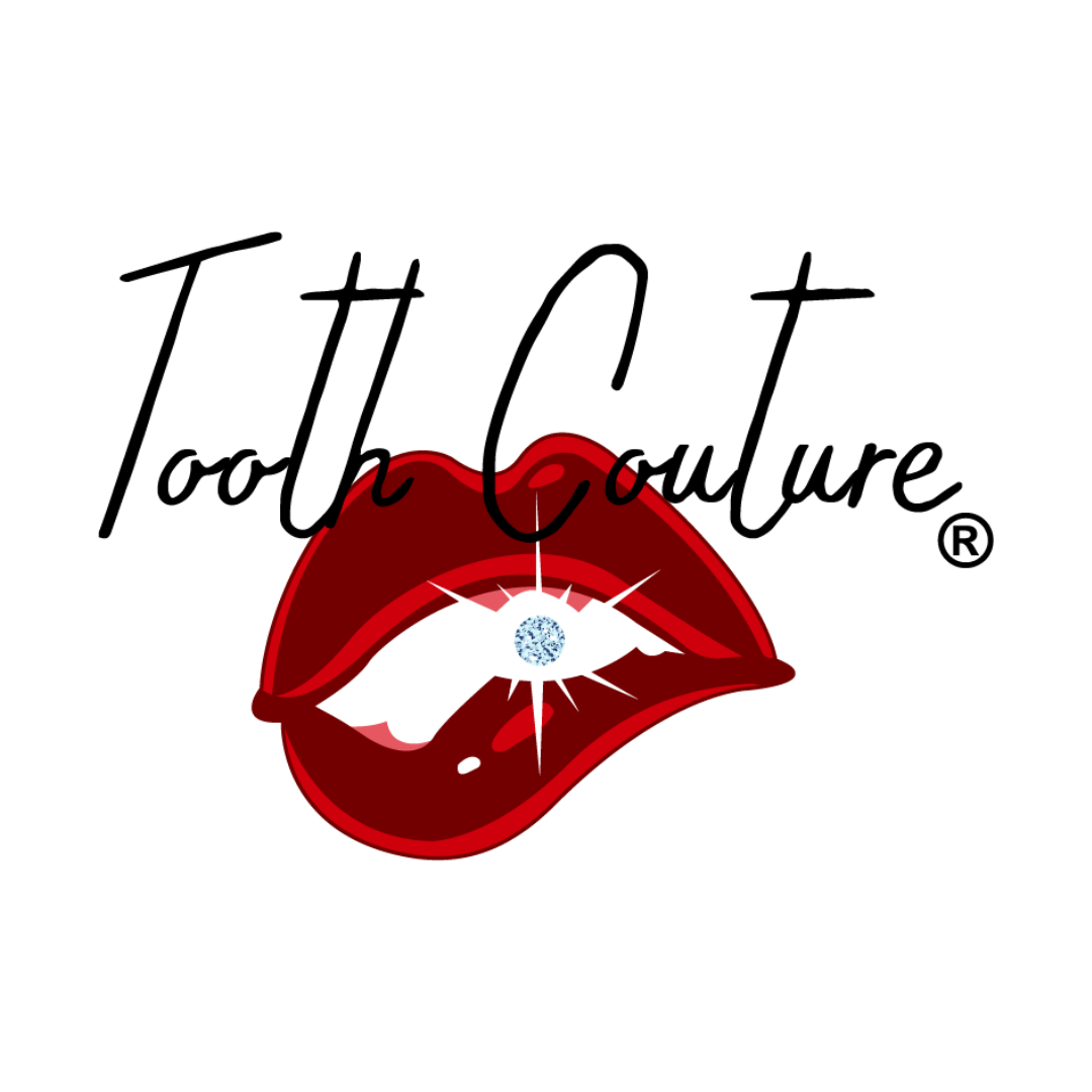 The logo or business face of "Tooth Couture® Tooth Gems & Teeth Whitening"