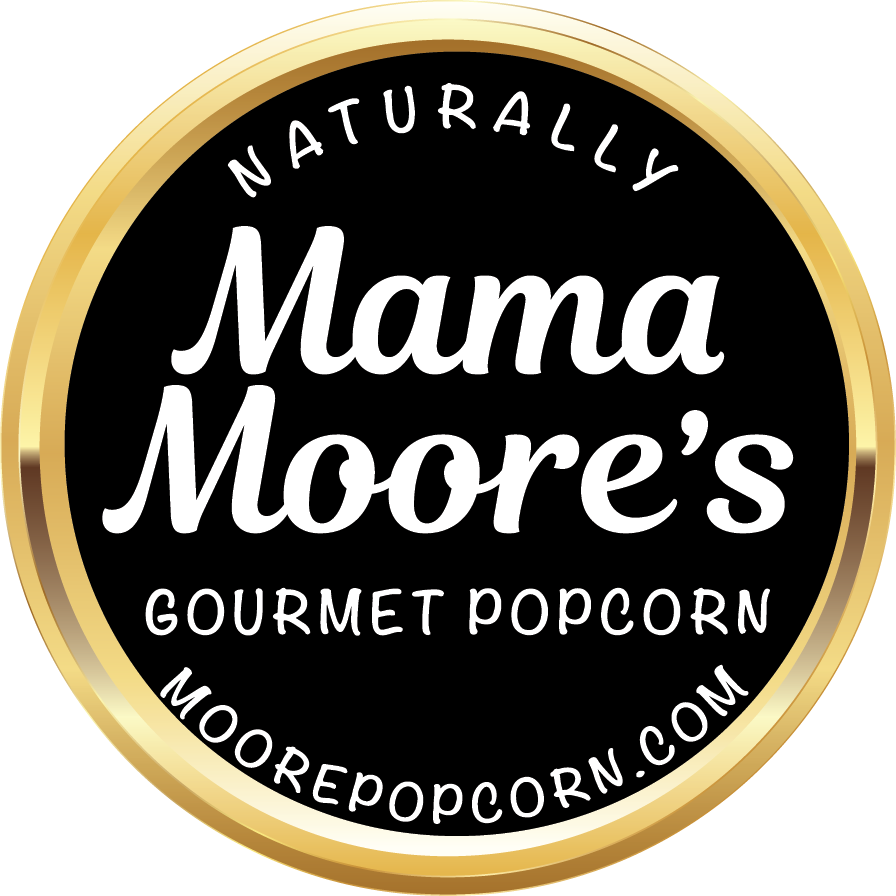 The logo or business face of "Mama Moore's Gourmet Popcorn"