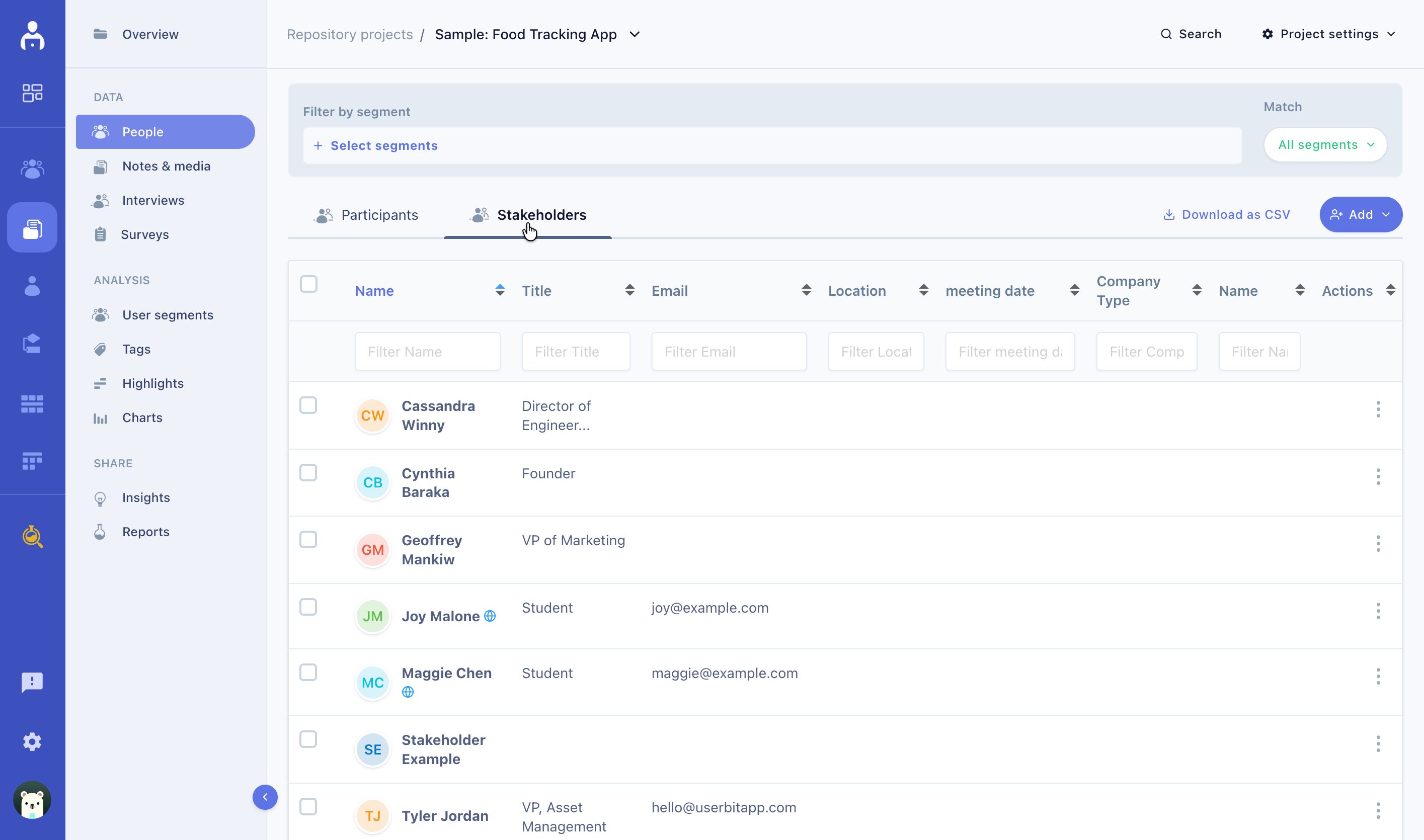 Stakeholders section tab inside project