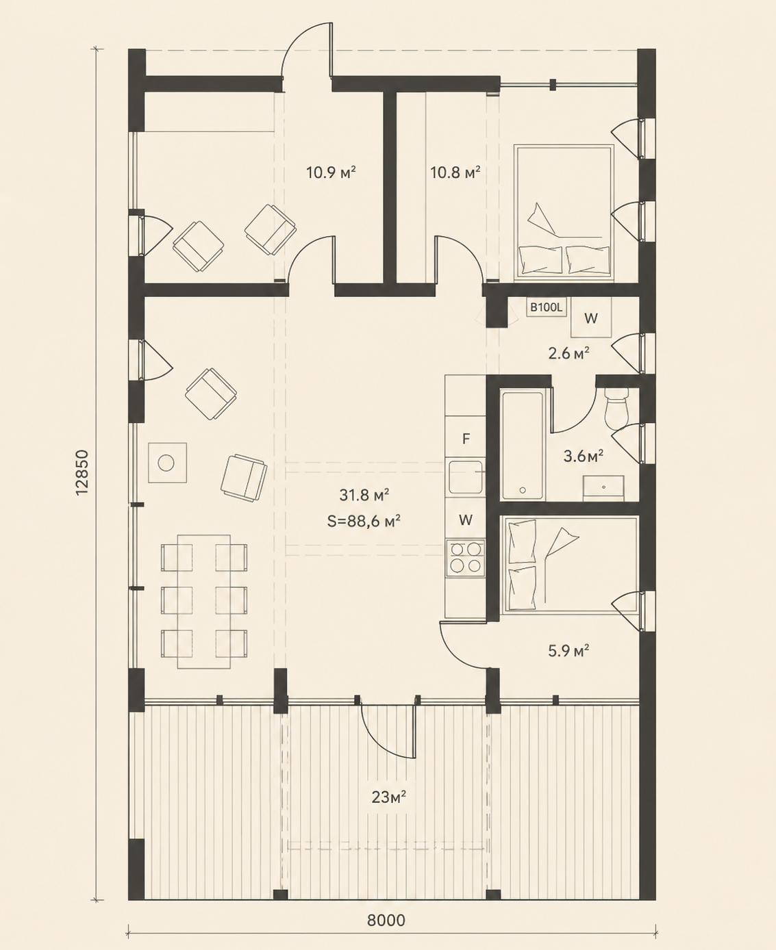 План этажа дома: гостиная-кухня-столовая 31,8 м², две спальни 10,9 + 5,9 м², кабинет 10,8 м², санузел 3,6 м², бытовая 2,6 м², терраса 23 м². Габариты 8000 × 12850 мм