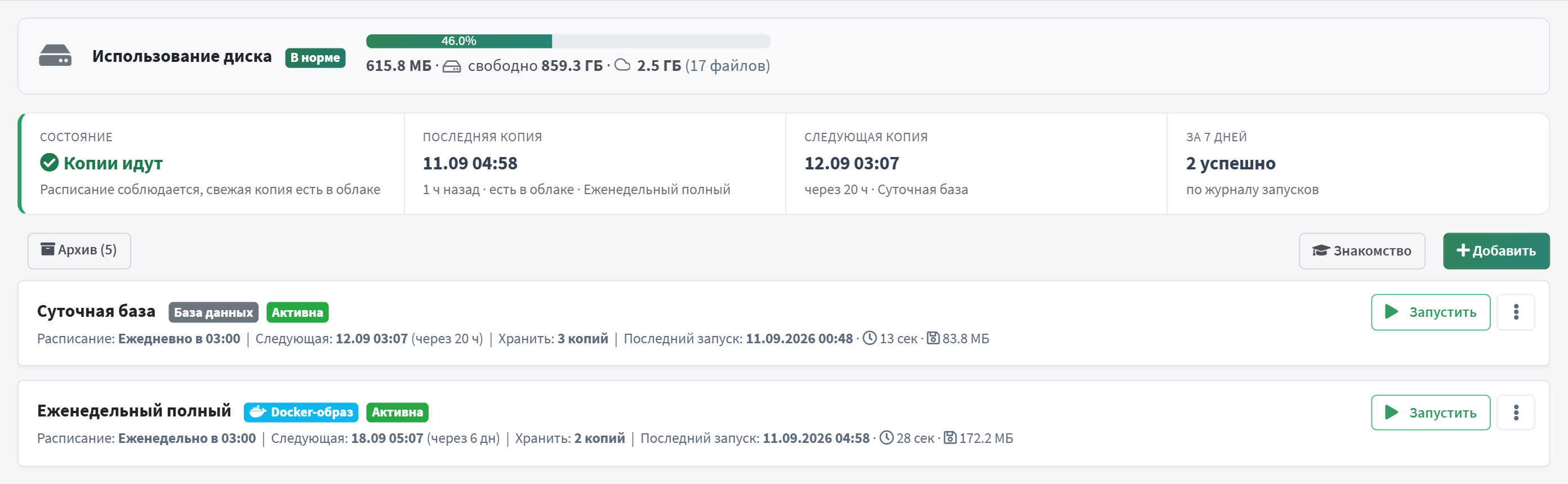 Сводка над политиками: состояние, последняя копия, следующая копия, запуски за неделю