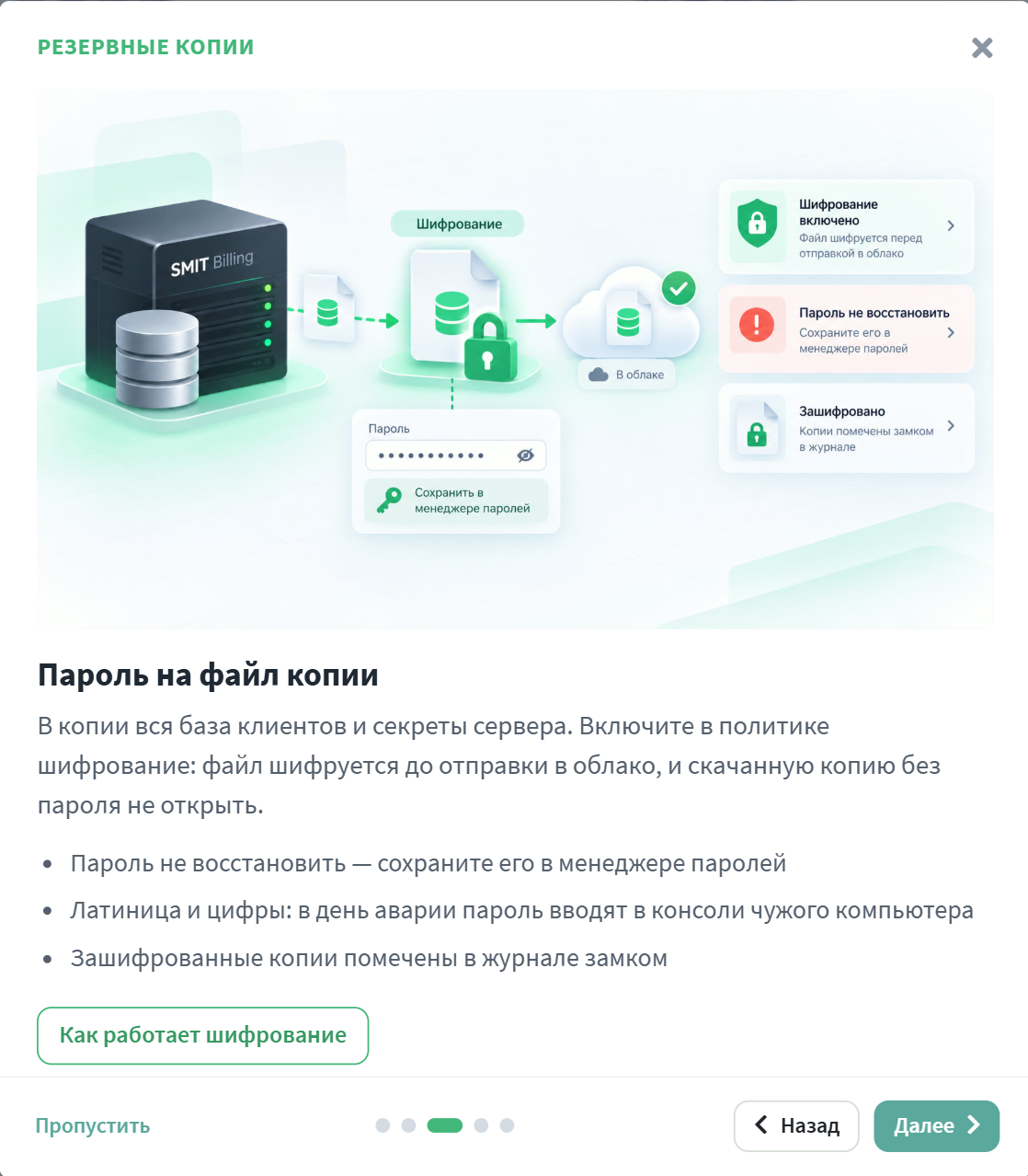 Знакомство с разделом «Резервные копии»: шаг о шифровании копии паролем