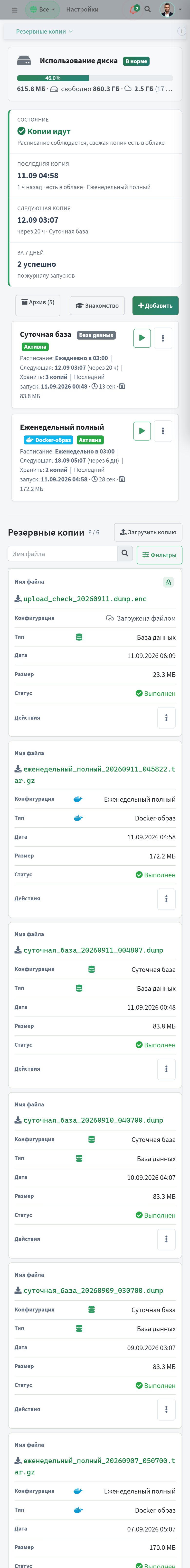 Раздел резервных копий на телефоне: сводка, карточки политик и копий