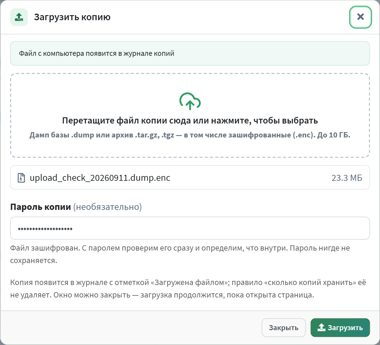Окно загрузки копии: выбран зашифрованный файл, поле пароля копии