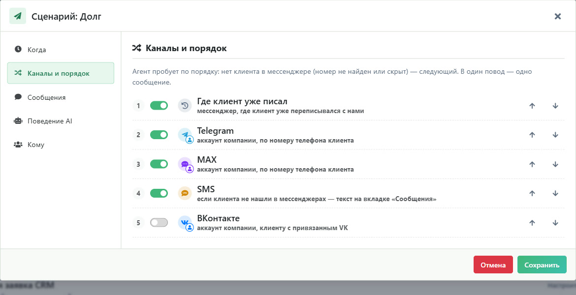Сценарий «Долг», вкладка «Каналы и порядок»: где клиент уже писал, Telegram, MAX, SMS, ВКонтакте выключен