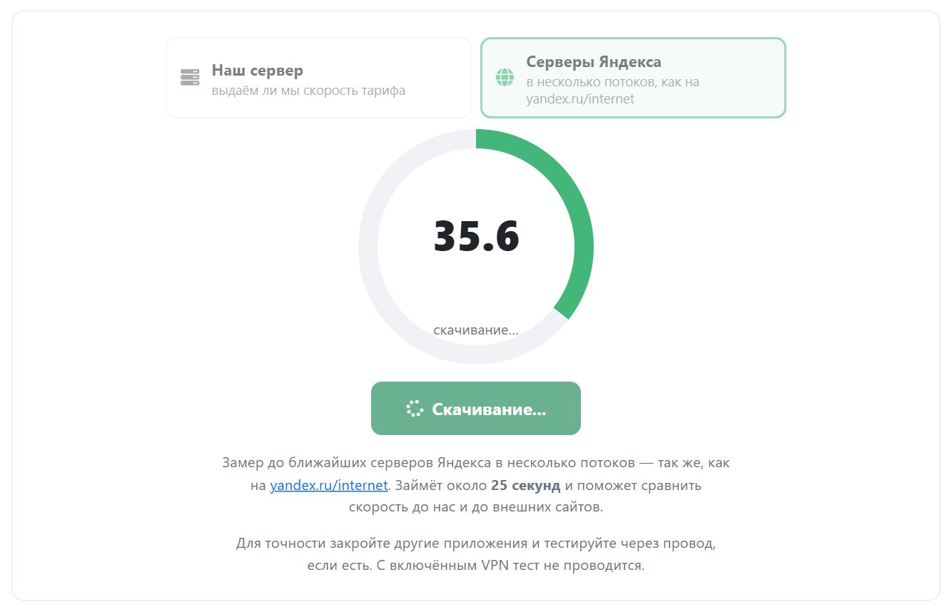 Тест скорости в кабинете: переключатель «Наш сервер» и «Серверы Яндекса», шкала во время скачивания