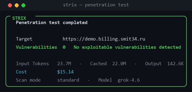 Итоговая сводка Strix: 0 уязвимостей, стоимость $15, модель grok-4.6
