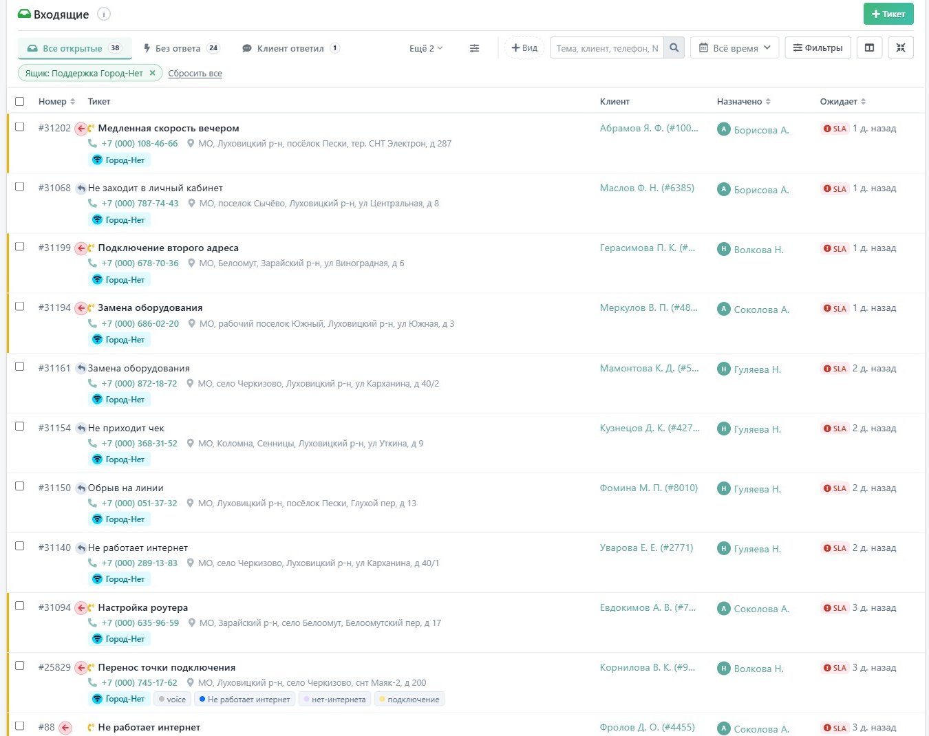 Входящие поддержки: список тикетов с телефоном, адресом, ящиком, клиентом, ответственным и сроком