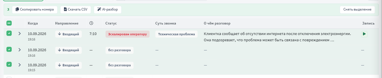 Отмеченные звонки: скопировать номера, CSV, AI-разбор