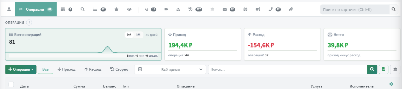 Вкладка «Операции»: сводка и полоса фильтров