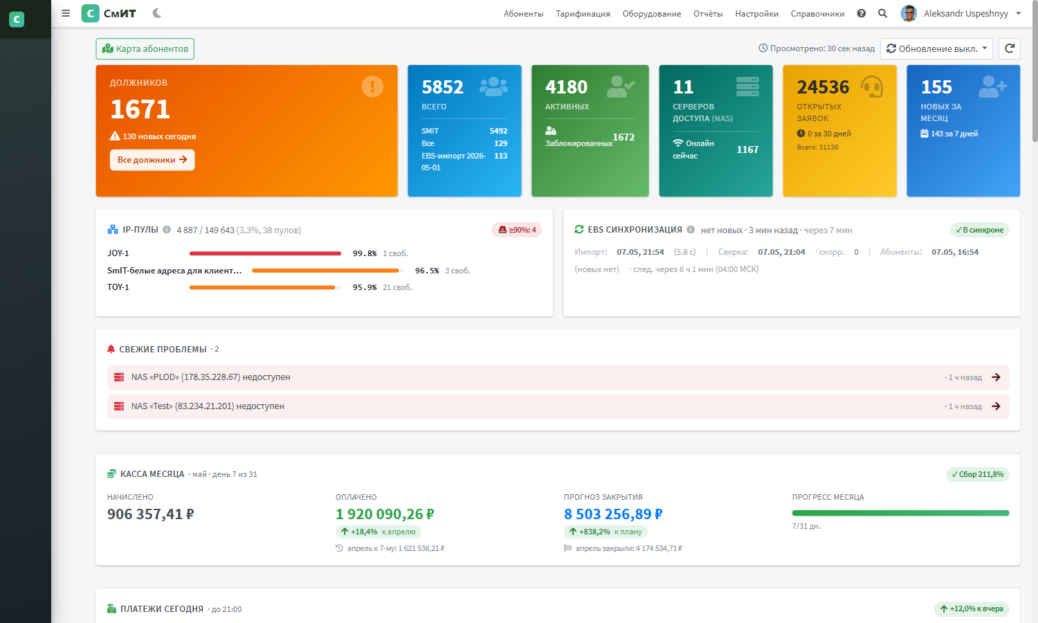 Дашборд: KPI + IP-пулы + EBS Синхронизация