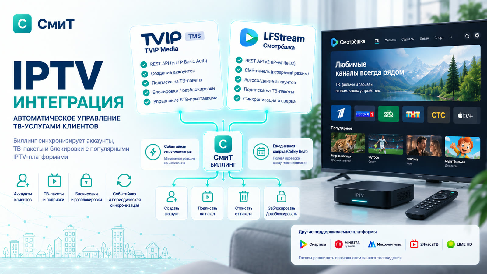 IPTV-интеграция: TVIP Media и LFStream «Смотрёшка» — аккаунты, ТВ-пакеты и блокировки на стороне платформы