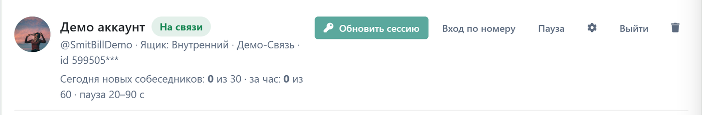 Аккаунт агента на связи: статус «онлайн», счётчики и кнопки управления