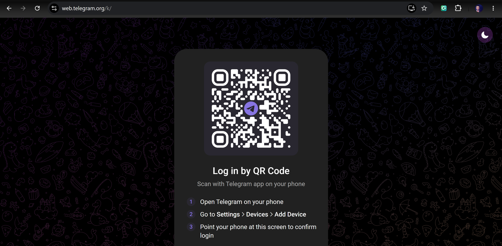 Вход служебным аккаунтом на web.telegram.org по QR-коду