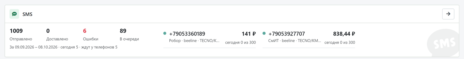 Блок SMS на главной странице