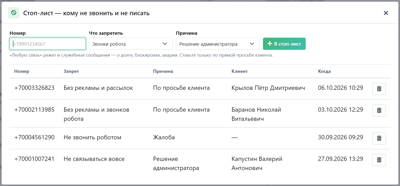 Стоп-лист в автообзвоне: номер, область и причина