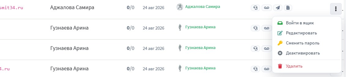Меню действий над ящиком
