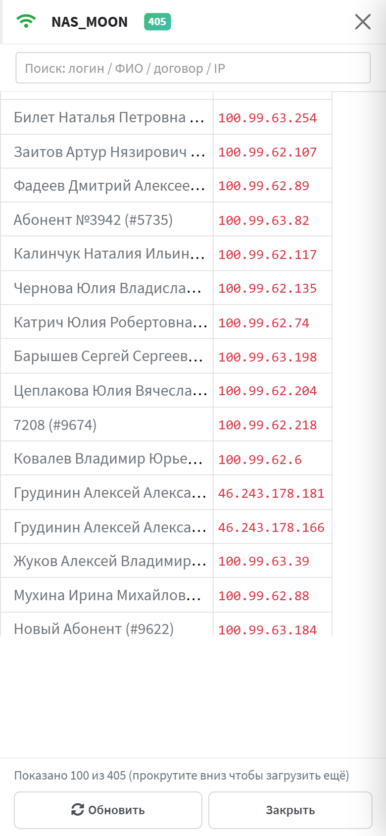 Список сессий на телефоне
