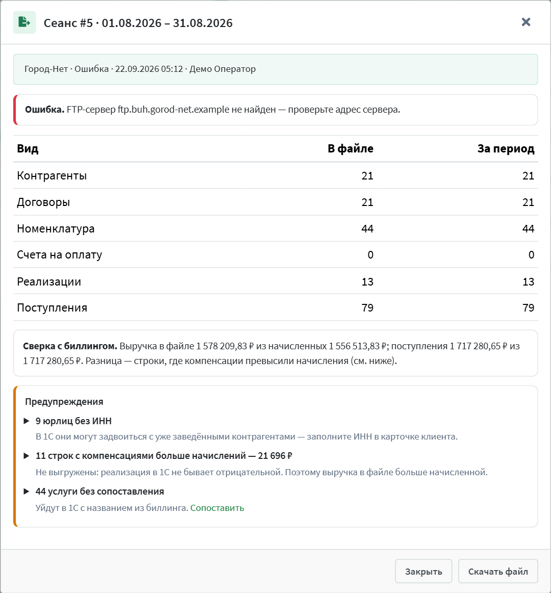 Окно сеанса с ошибкой доставки на FTP