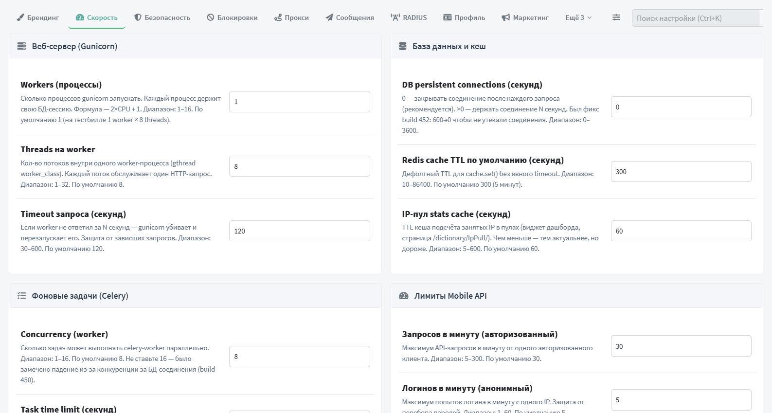 Вкладка «Скорость» — Gunicorn, Celery, БД, лимиты Mobile API