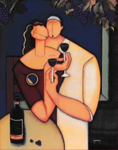 painting of couple embracing while drinking wine